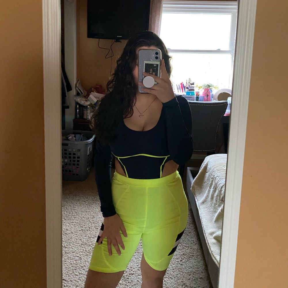 Neon biker shorts and navy body suit set